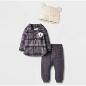 Grayson Mini Baby Boys' Flannel Set with Hat in Gray and white plaid NB NWT